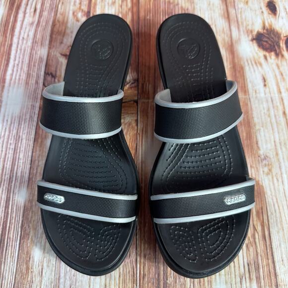 Crocs MADEIRA Size 10 Black Gray Double Strap Wedge Heel Sandal Open Toe Shoes - Picture 3 of 10